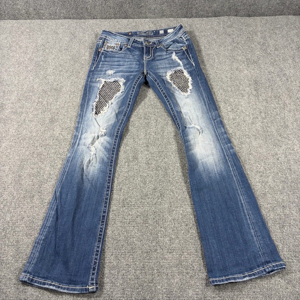 Miss Me Jeans 26 Easy Boot Cut Distressed Embellished Flap Pocket Stud Western